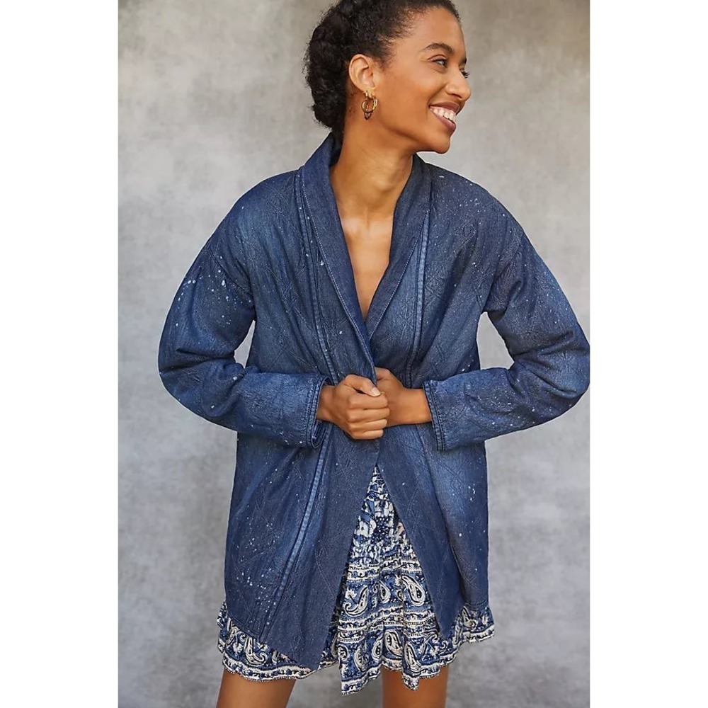 Anthropologie Pilcro Quilted Denim Spattered Boxy Oversized Kimono Jacket NWT XS
